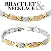 316L Stainless Steel Tri-Tone X-Link Bracelet & Necklace Combo Set