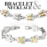 316L Stainless Steel Tri-Tone Butterfly Bracelet & Necklace Combo Set