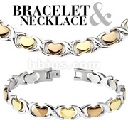316L Stainless Steel Tri-Tone Hearts Bracelet & Necklace Combo Set