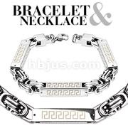 Stainless Steel Square Cylinder Tribal Link Bracelet & Necklace Combo Set