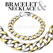 Stainless Steel Gold IP Duo-Tone Chain Link Bracelet & Necklace Combo Set