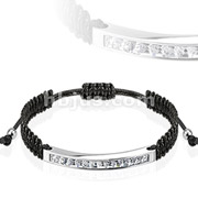Stainless Steel Centural Bracelet with Paved Clear Square Gem Linked with Beaded Tip Drawstring
