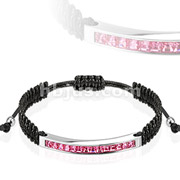Stainless Steel Centural Bracelet with Paved Pink Square Gem Linked with Beaded Tip Drawstring