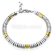 Stainless Steel Bracelet with Hexagonal Beads and Gold IP Cylinder Accents