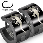 Pair of 316L Stainless Steel Black Hinged Wide Hoop Earring with Gecko Print