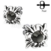 Pair of 316L Surgical Stainless Tribal Flower with Black CZ Stud Earring