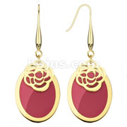 Pair of Gold IP Over 316L Stainless Steel Maroon Epoxy Inlayed Oval Dangle Earring with Laser Cut Rose