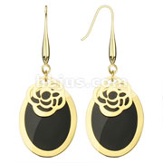 Pair of Gold IP Over 316L Stainless Steel Black Epoxy Inlayed Oval Dangle Earring with Laser Cut Rose