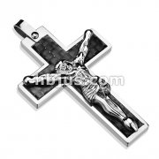 316L Stainless Steel Pendant. Black Carbon Fiber Cross w/Jesus