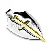 316L Surgical Steel Two Tone Sheild and Sword Pendant