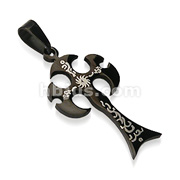 316L Surgical Steel Black Plated Tribal Style Cross w/Tribal Inlay Pendant
