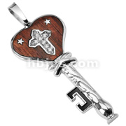 316L Stainless Steel Wood Trim Heart Key Pendant with 2 Stars & CZ Gemmed Cross in Middle