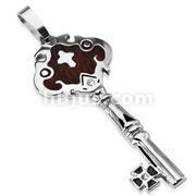 316L Stainless Steel Dark Wood Trim Key Pendant with Steel Cross & 1 CZ Gem on Key Plate