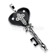 316L Stainless Steel Heart Key Pendant with 2 Stars & CZ Gemmed Cross in Middle
