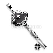 316L Stainless Steel Key Pendant with Steel Cross & 1 CZ Gem on Key Plate