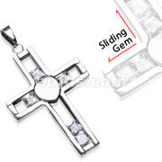 316L Stainless Steel Cross Pendant with Steel Heart in Middle and 5 Mobile CZ Gems