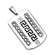 316L Stainless Steel Dog Tag Pendant with Chains 2 CZ Gems and Tribal Design in Middle