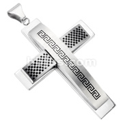Stainless Steel Large Cross Pendant with Tribal/Checkered Pattern