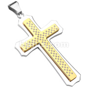 X-Large Stainless Steel Gold IP Checkered 2 Tone Cross Pendant