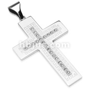 Large Stainless Steel Gem Paved Roman Patterned Cross Pendant