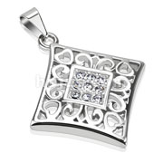 Stainless Steel Windowpane CZ with Heart Swirls Diamond Pendant