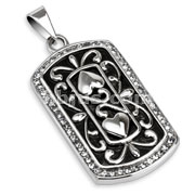 Stainless Steel Clear CZ Border with Twin Heart Vintage Cast Pendant