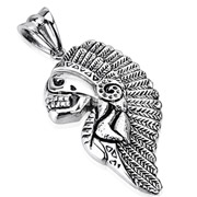 Stainless Steel Skull with Feathered Chief Headdress Pendant