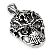 Stainless Steel Grinning Skull with Black CZ Eyes Pendant