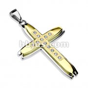 316L Stainless Steel Gold IP Multi CZ Layered Cross Pendant