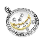 Stainless Steel Gemmed Round Glass Pendant with Floating Moon and CZ