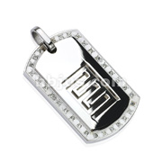Stainless Steel Gem Paved Dog Tag with Tribal Design Center Pendant