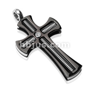 316 Stainless Steel PVD Black Gothic Coil Centered Gem Cross Pendant 