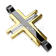 PVD Gold Stainless Steel Gemmed Paved Black Cross Pendant