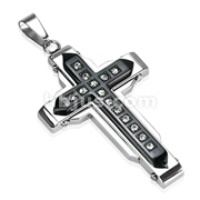 316L Stainless Steel Double Layered Square Gemmed Black IP Cross Pendant