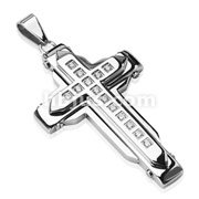 316L Stainless Steel Double Layered Square Gemmed Cross Pendant