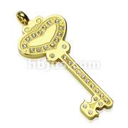PVD Gold over 316L Stainless Steel  Gem Paved Key of Heart Pendant