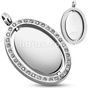 Stainless Steel Gem Paved Oval Frame with Spinning Center Pendant