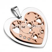 Stainless Steel Heart with IP Rose Heart Gemmed Pendant