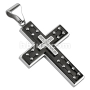 316L Stainless Steel Double Layered Black IP Cross Pendant with Multi Studs and Paved Gem Cross Center