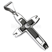 316L Stainless Steel Duo-Tone Black IP Princess Cut CZ Cross Pendant
