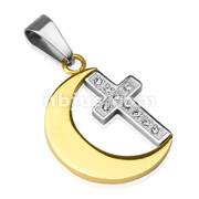 316L Stainless Steel Gold IP Crescent Moon with Multi CZ Cross Pendant