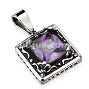 Stainless Steel Picture Frame Faceted Violet Square Gem Cast Pendant