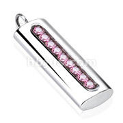 Stainless Steel Lined Pink CZ Oval Cylinder Bar Pendant