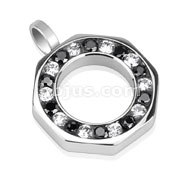 Stainless Steel Wheel of Black and Clear CZ Combination Hollow Octagon Pendant