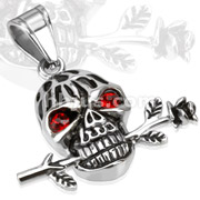 Stainless Steel Romantic Skull with Red Gemmed Eyes and a Rose Pendant