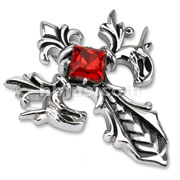 Stainless Steel Fleur De Lis Cross with Ruby Diamond CZ Pendant