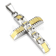 Stainless Steel Duo Tone Gold IP Accent with Five Rectangle CZ Pendant 