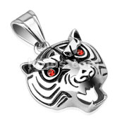 Stainless Steel Growling Tiger with Red CZ Eyes Pendant