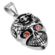 Stainless Steel Smiling Skull with Red CZ Eyes Pendant