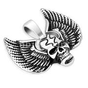 Stainless Steel Grinning Skull with Large Wings Pendant